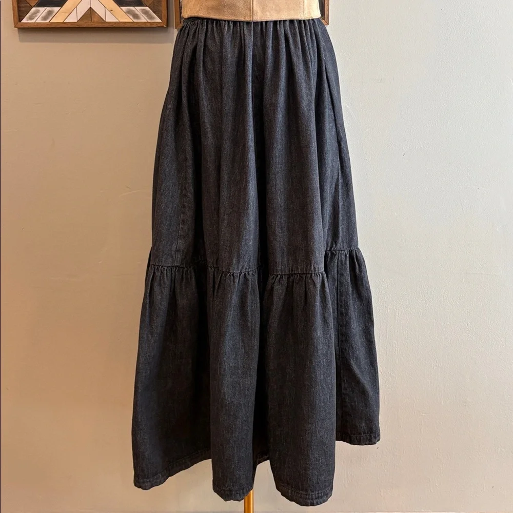 Vintage Ralph Lauren Blue Label 80s Black Denim Tiered Peasant Maxi Skirt sz 10 - Picture 9 of 15
